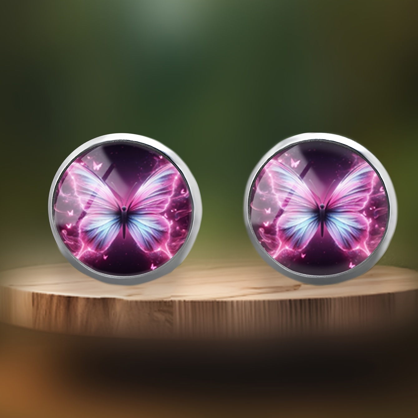 Pink-Purple Luminous Butterfly Pattern Round Stud Earrings